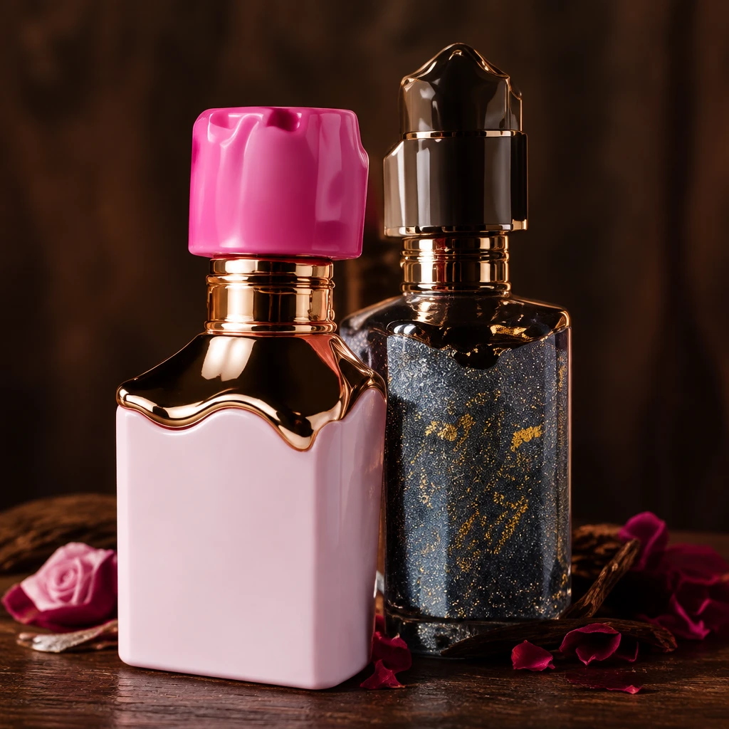 Roze en gouden parfumflacons op rij