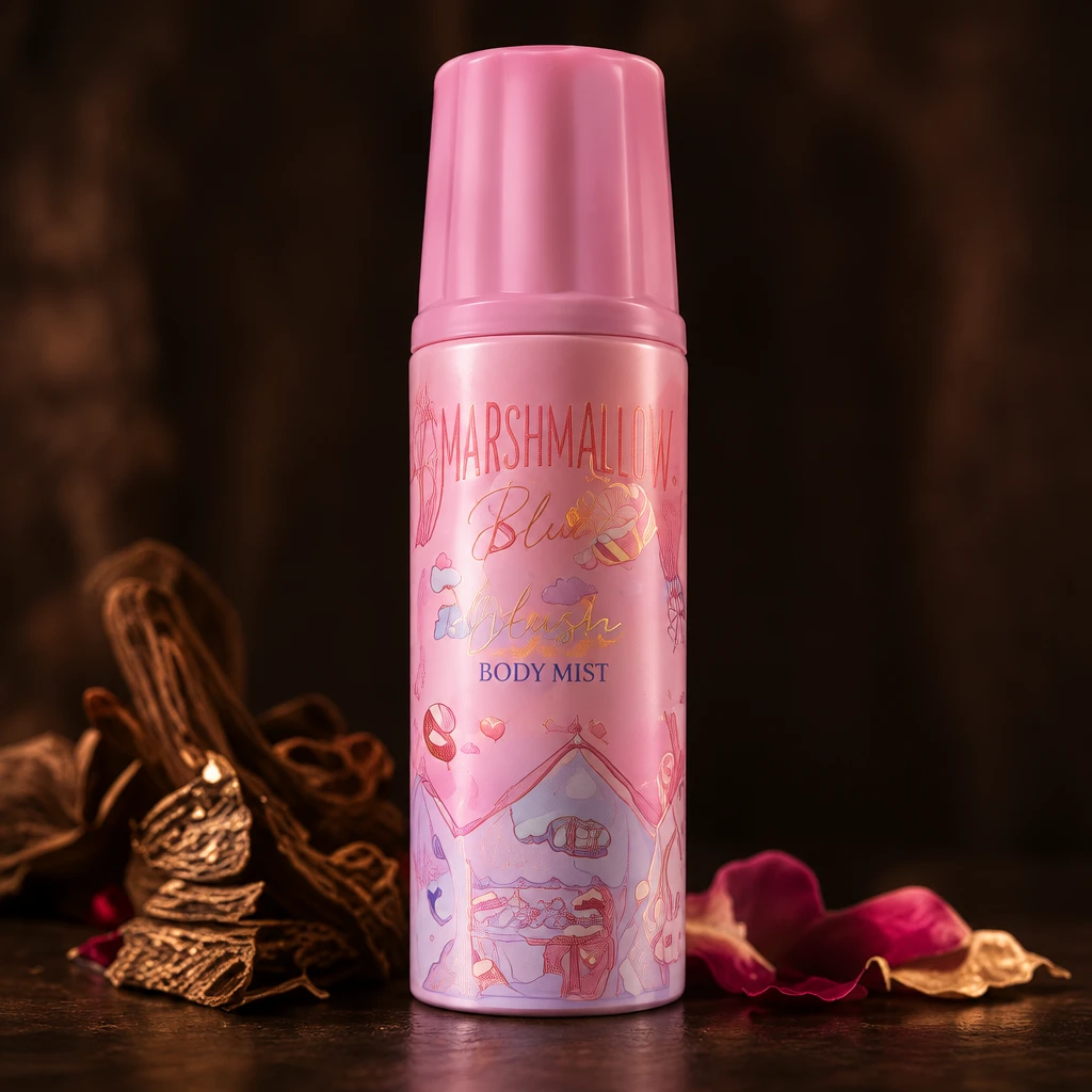 Marshmallow Blush body mist — roze sprayflacon